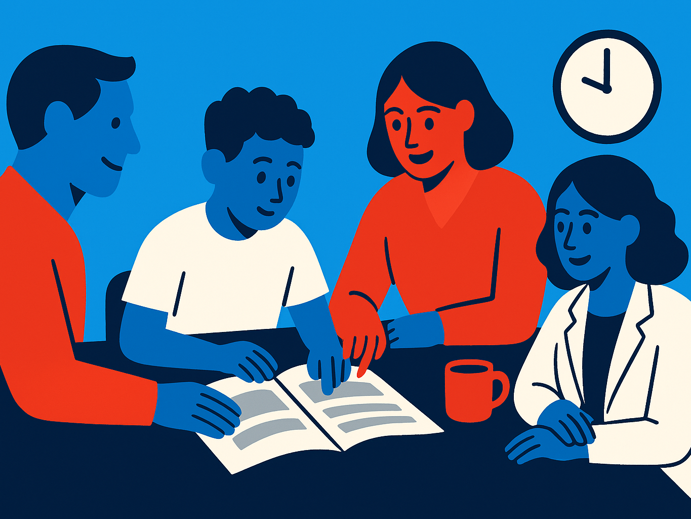 Educators and a mentor sitting with a student over an open workbook