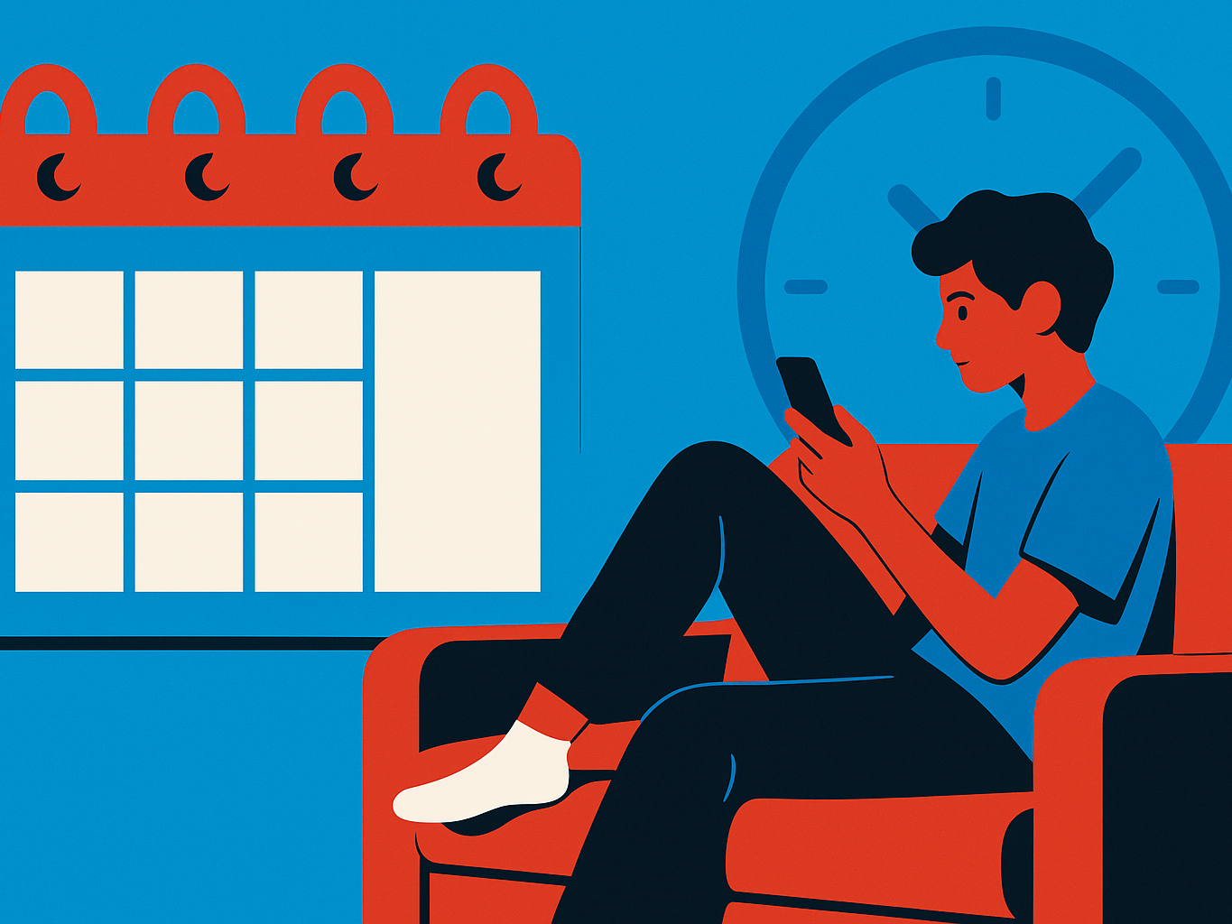 A teenager on a couch with a phone beside a calendar with open days
