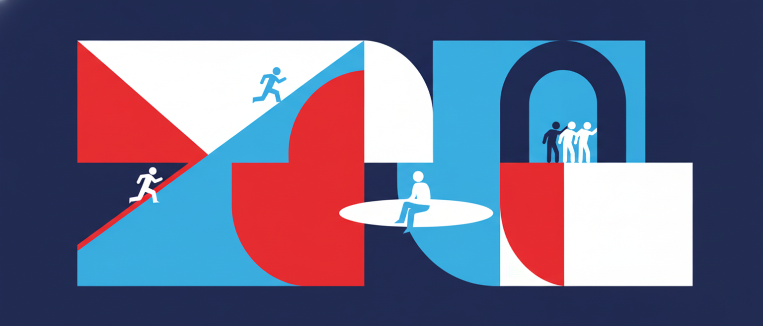 Abstract blue, red and navy shapes with small figures climbing and gathering, a section break about soft skills for students.