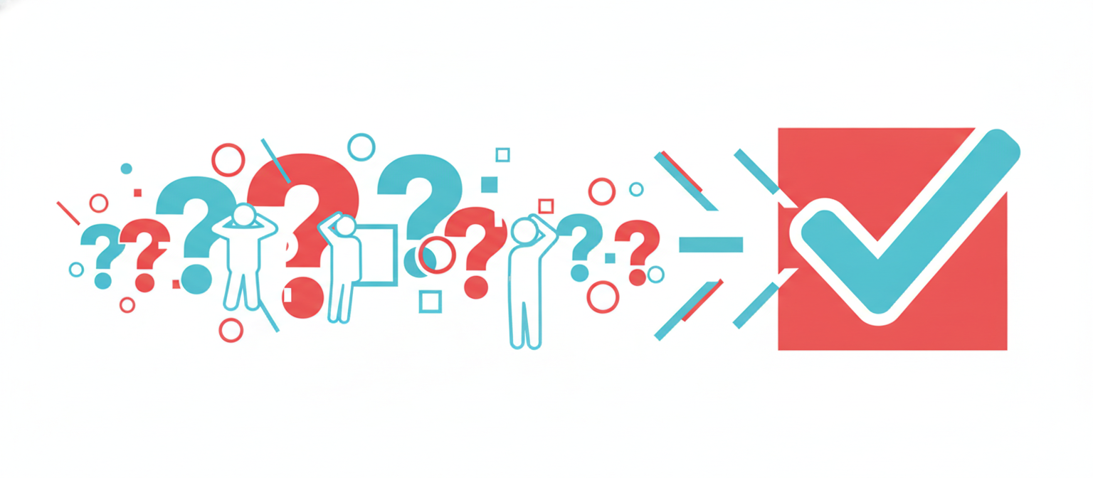 Wide banner illustration of scattered question marks resolving into a single bold checkmark, symbolizing confusion turning into clarity