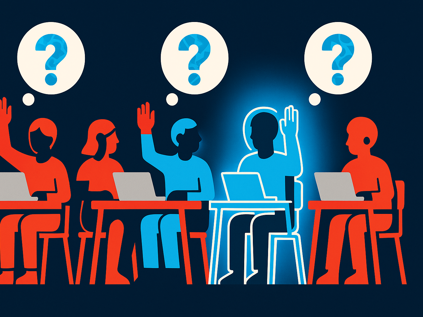 A row of students at desks wait with raised hands and thought bubbles.