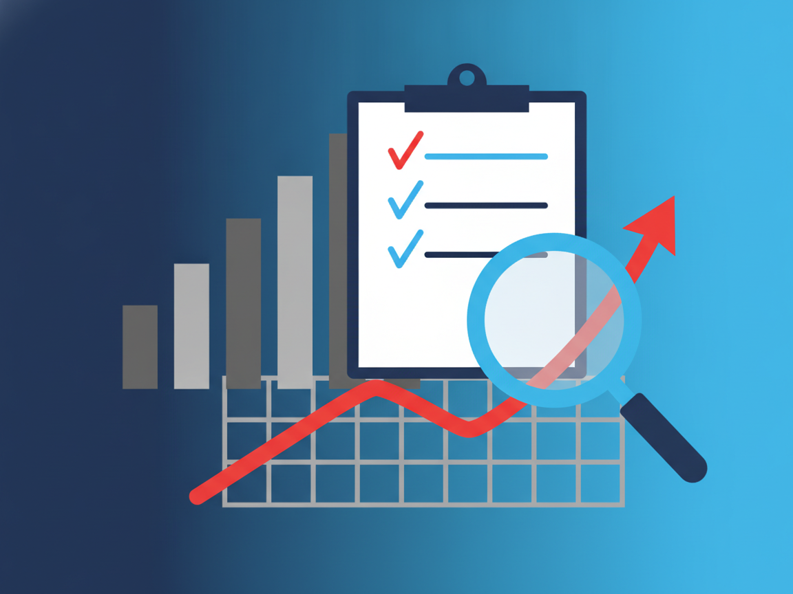 A dashboard of rising bar charts sits beside a clipboard of checkmarks and a magnifying glass.