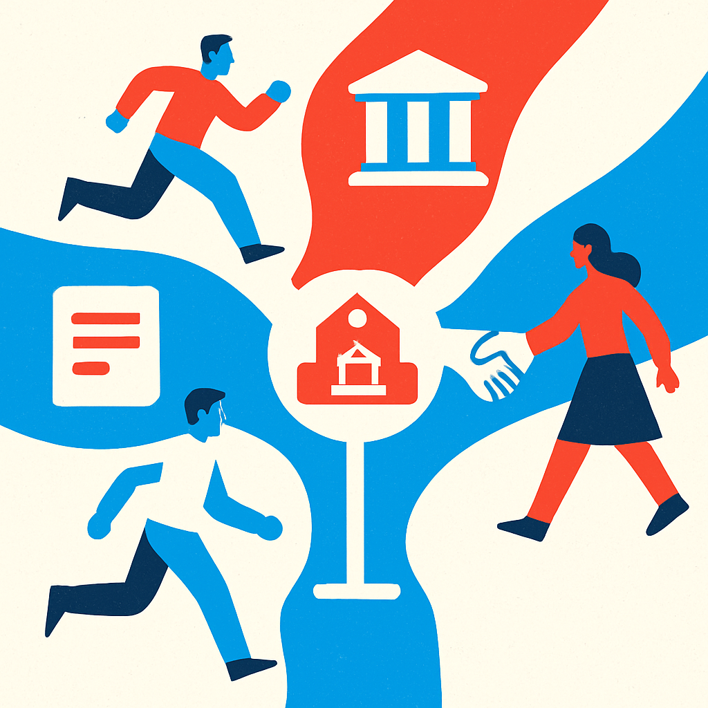 Illustration of three funding streams, a federal grant, a general fund, and a community sponsor, converging into one school budget line