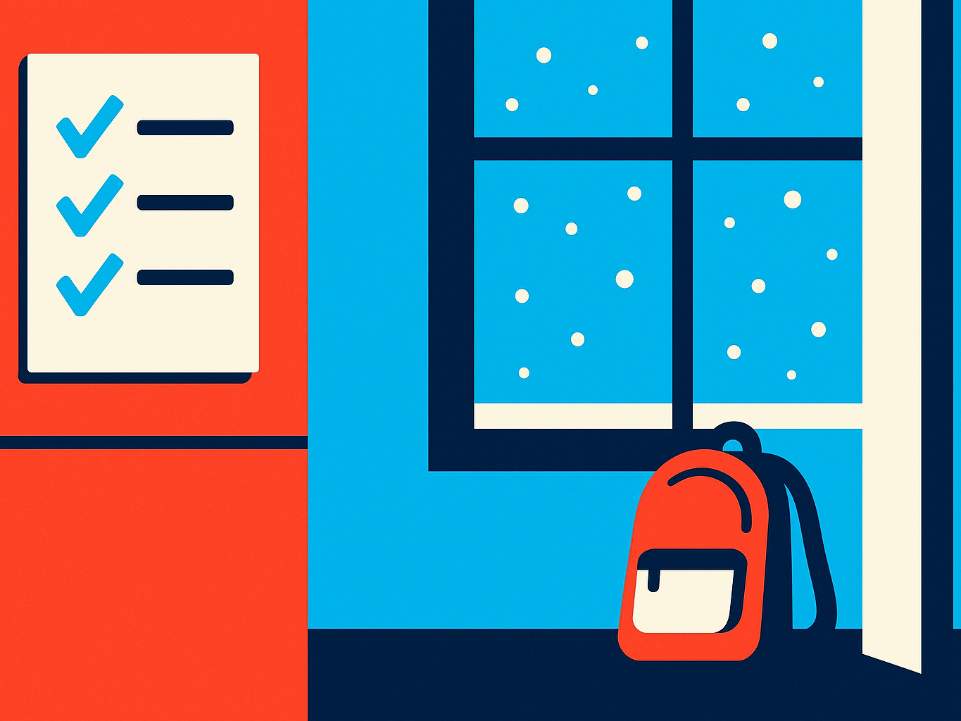 A checklist with green checks on a refrigerator beside a backpack by the door