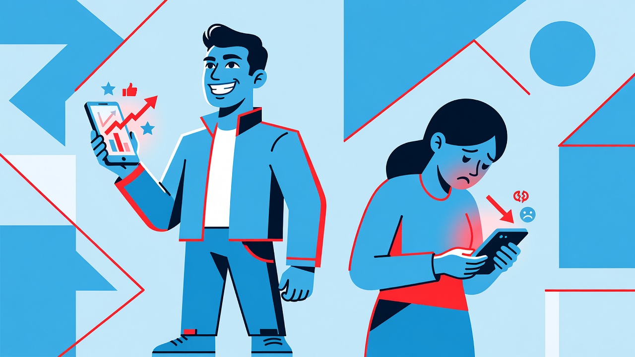 Split image: teenager scrolling phone alone vs. same teenager laughing with friends outdoors