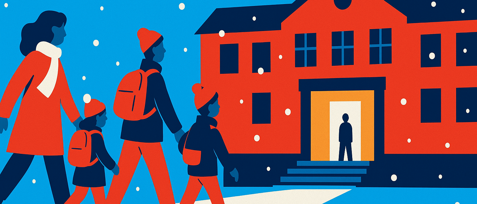 A family walking through snow toward a school with a lit entrance