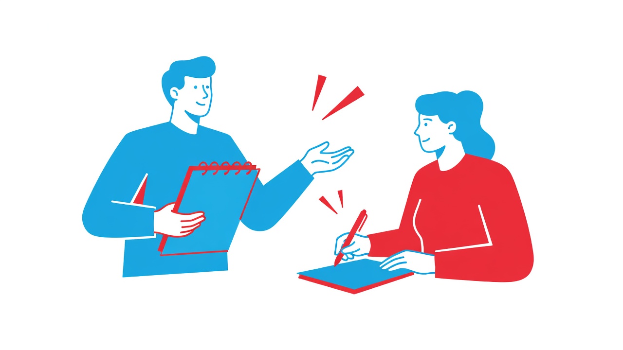 Two students in a weekly accountability check-in, one presenting progress while the other listens