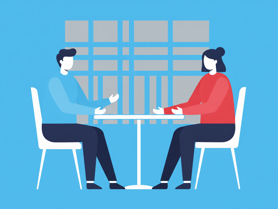 Two people seated across a small table in a calm conversation with a test sheet on the wall behind them.