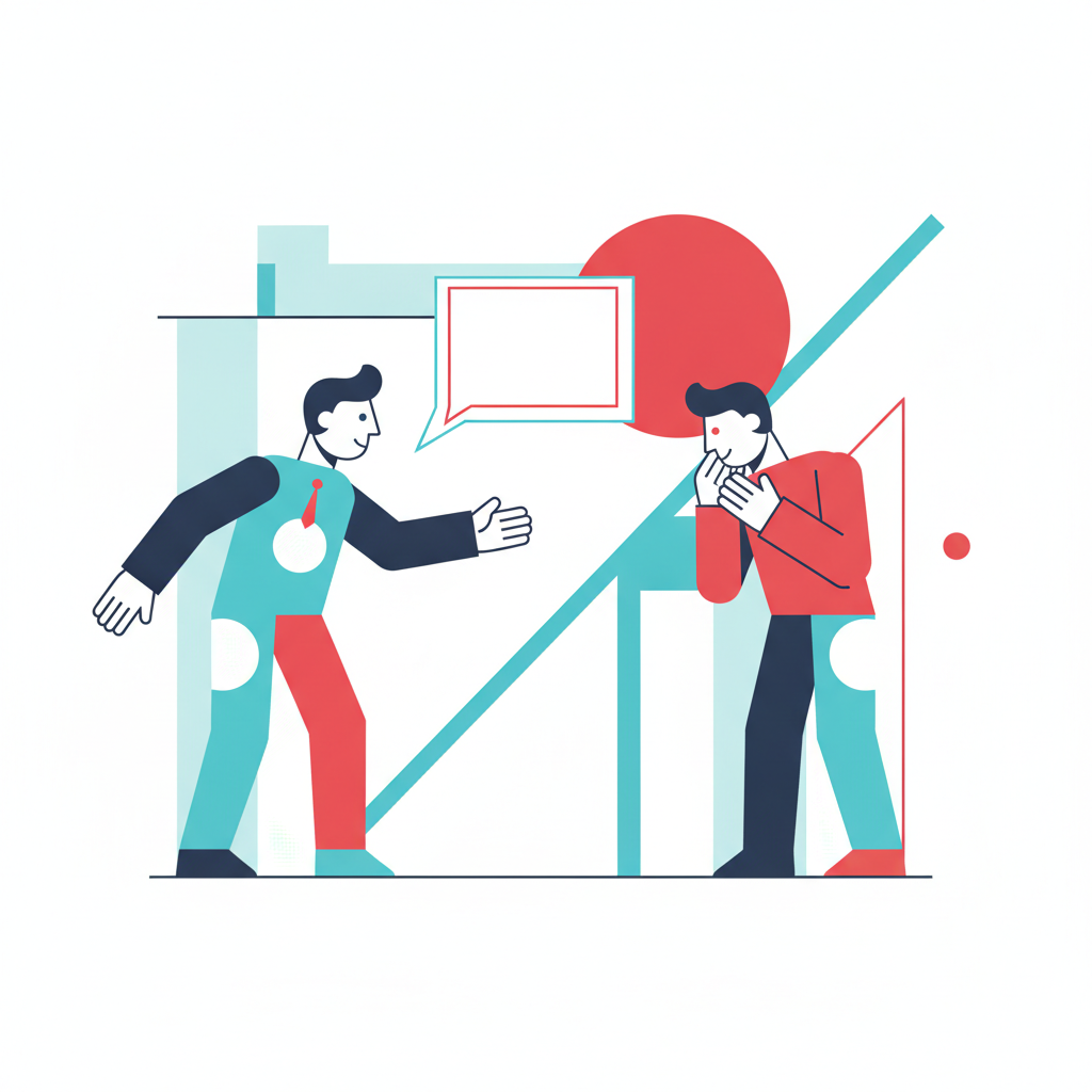 Two simple stylized figures in mid-conversation, one gesturing while speaking and the other actively listening, representing a practiced people skill rather than an inspirational message