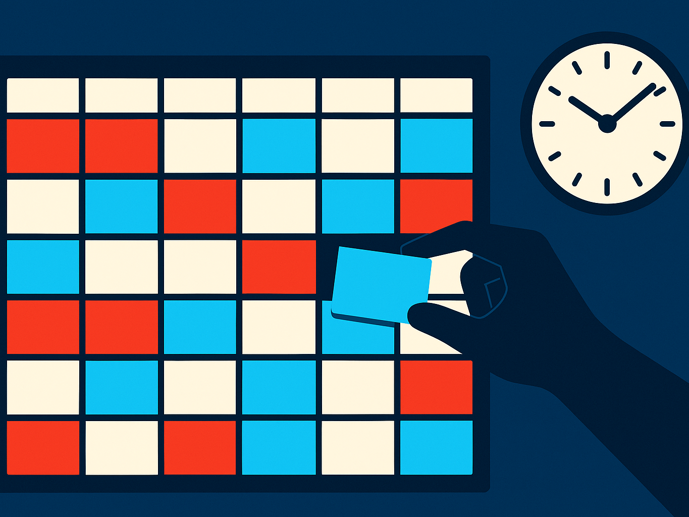 A weekly schedule grid with one blue block being placed into an open slot