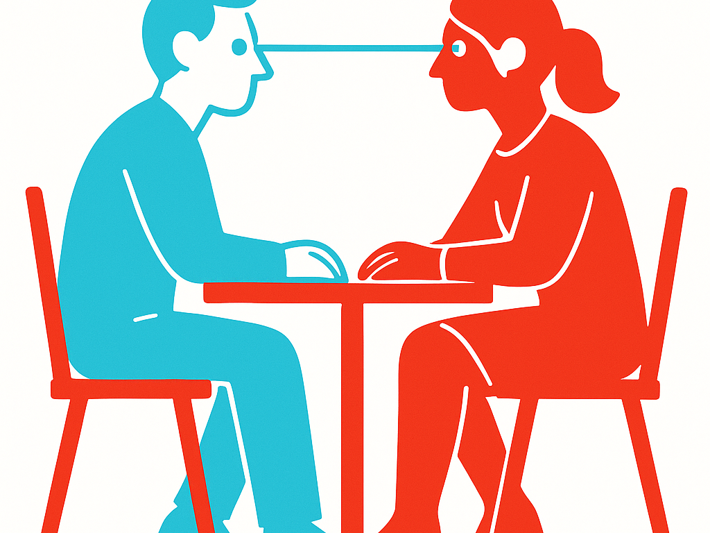 Two stylized human figures seated across a small table making direct eye contact, with simple cyan geometric gaze-lines connecting them, representing practiced face-to-face communication.