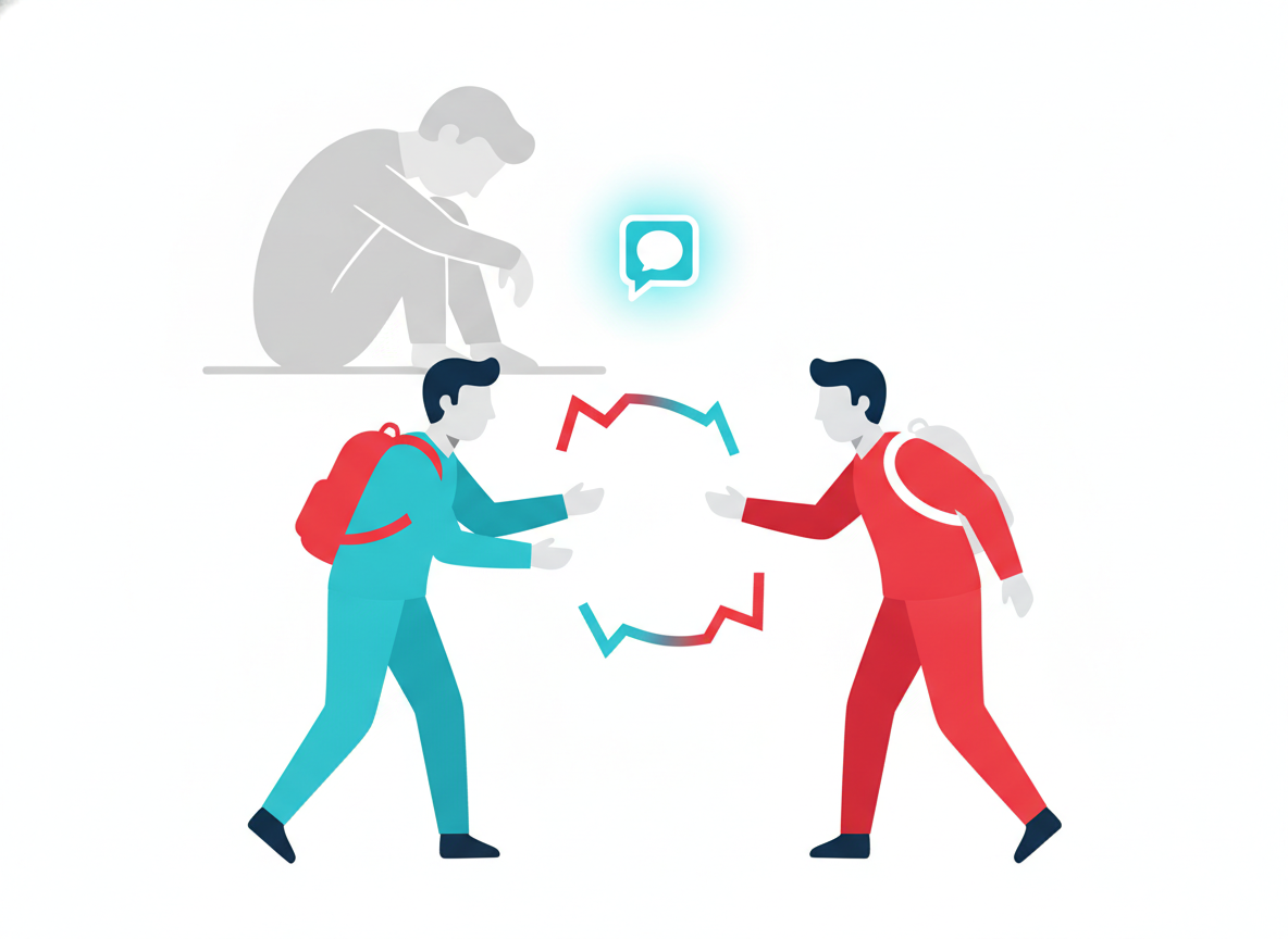 Stylized illustration of two figures in active rehearsed practice of a hard conversation, contrasted with a faded figure standing alone, representing the skill of initiating a difficult conversation