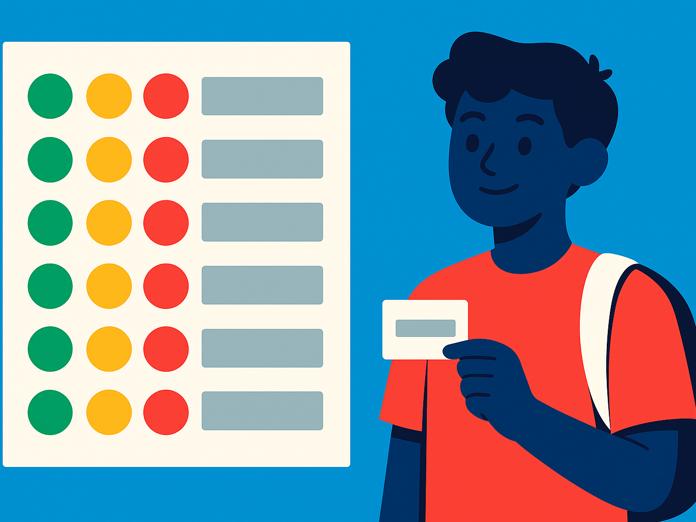 A rating sheet with green, yellow, and red dots beside a student holding a card