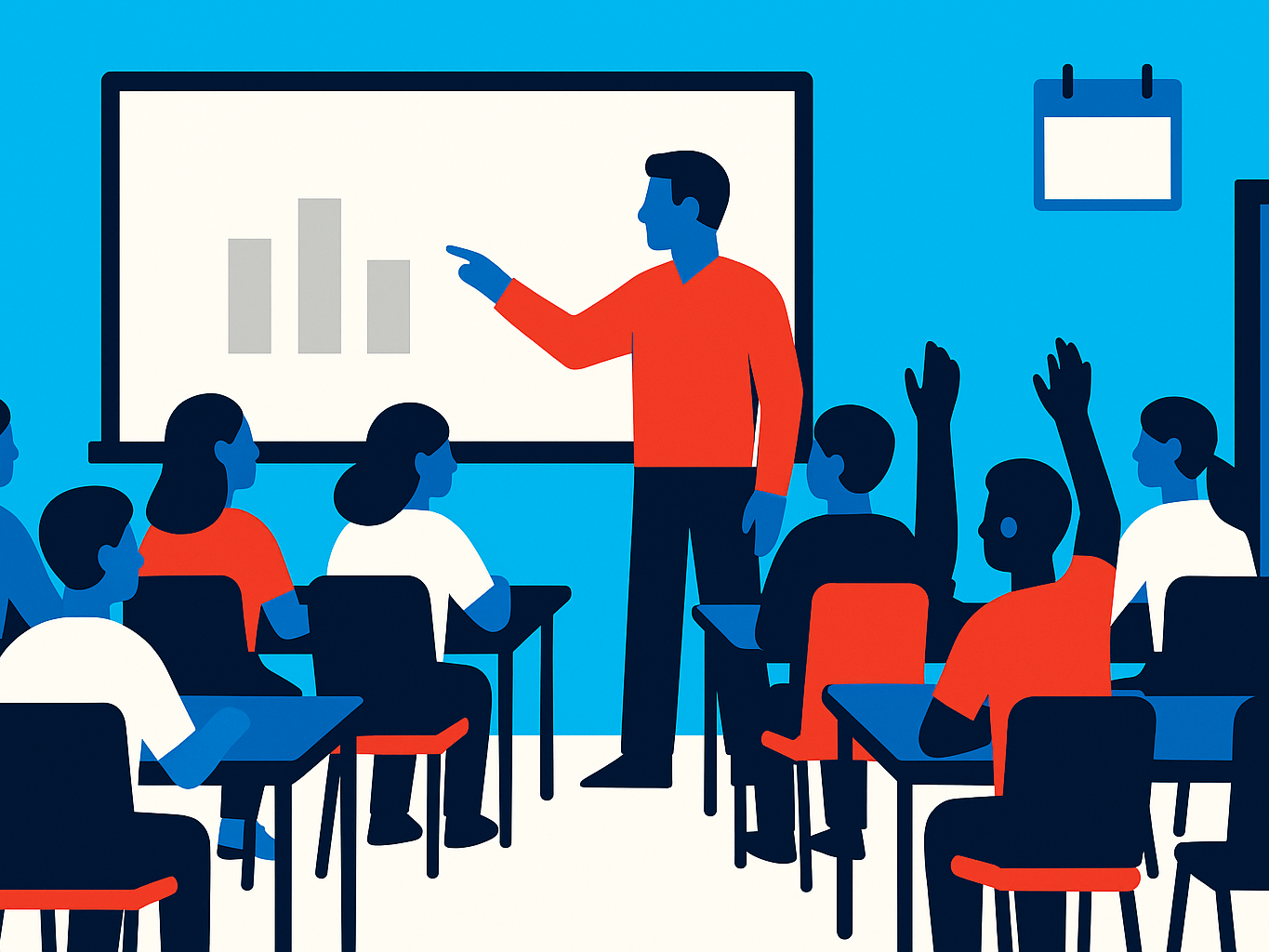 A full classroom with a teacher and a blue calendar block above the door