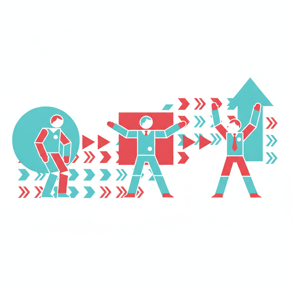 A repeating sequence of human figures growing more confident across three steps, representing skill built through rehearsal and repetition.