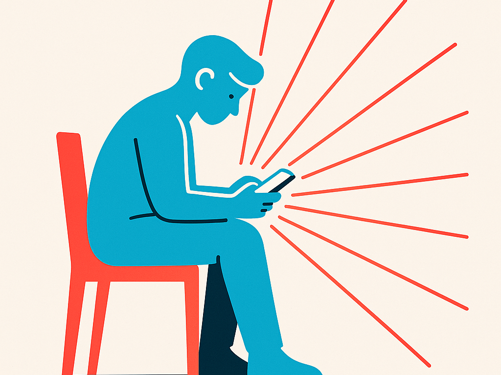 A stylized teenager alone, absorbed in a glowing smartphone, with thin red geometric lines radiating outward to suggest being constantly online and disconnected from the room.