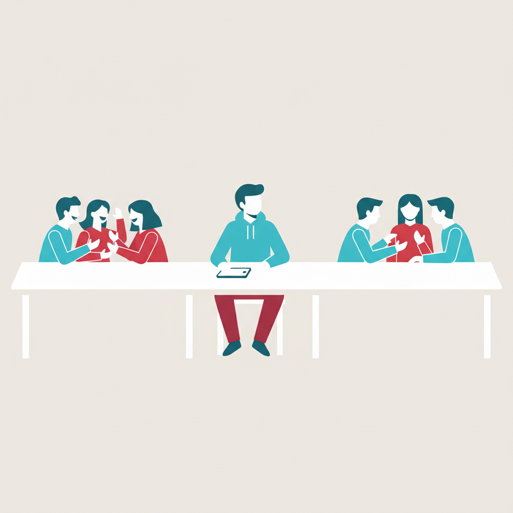 A teenager sitting between two groups of peers at a lunch table, phone face-down and unused, looking uncertain about how to start a conversation