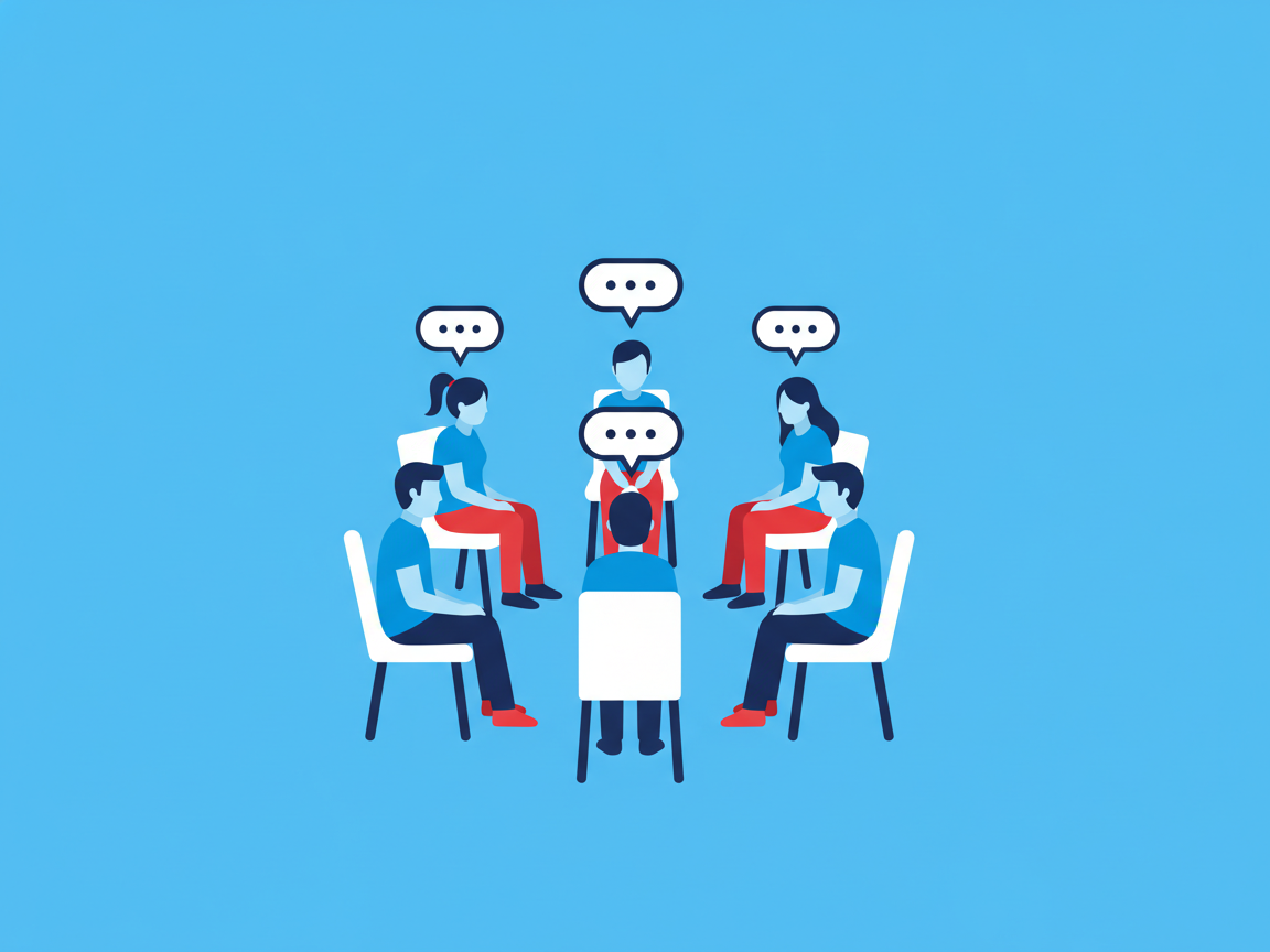 Five students seated in a circle practicing a conversation, with speech bubbles above them.