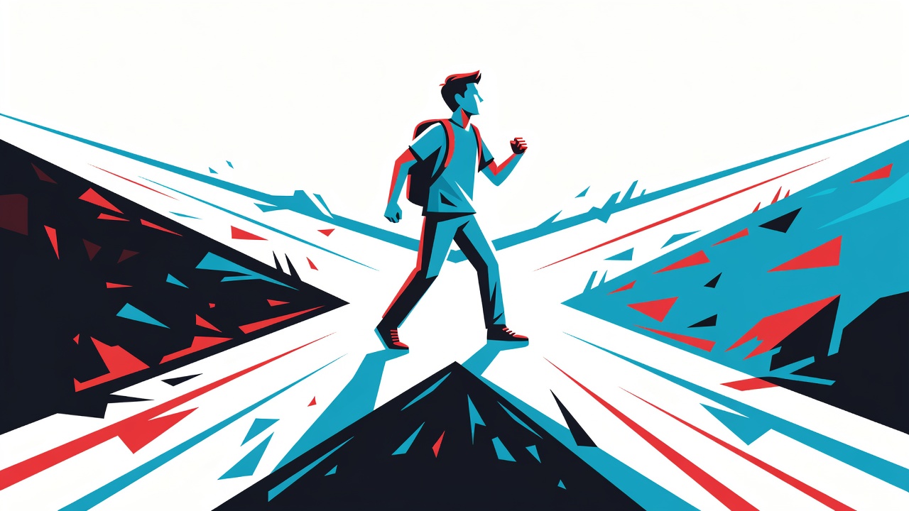A student standing at a crossroads, making a deliberate choice toward an open and bright future