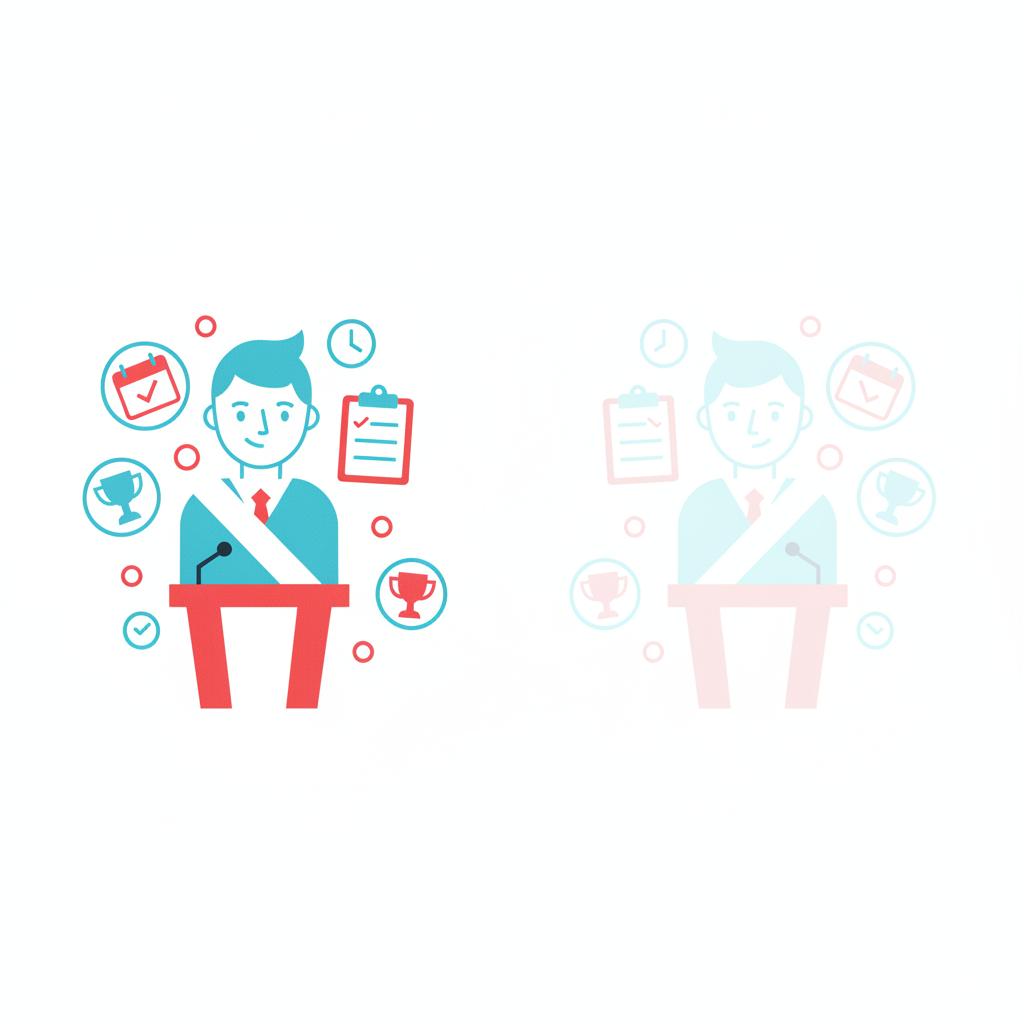 A flat illustration contrasting a titled student leader handling checklist logistics with the missing underlying leadership skill.
