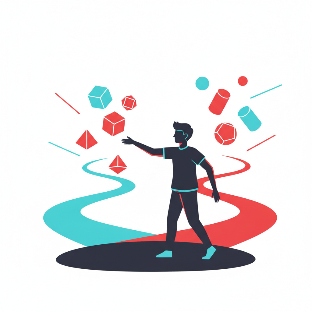 Stylized illustration of a teenage figure standing at a fork in a path with multiple floating geometric task shapes, choosing which one to pick up first, in flat brand-color illustration