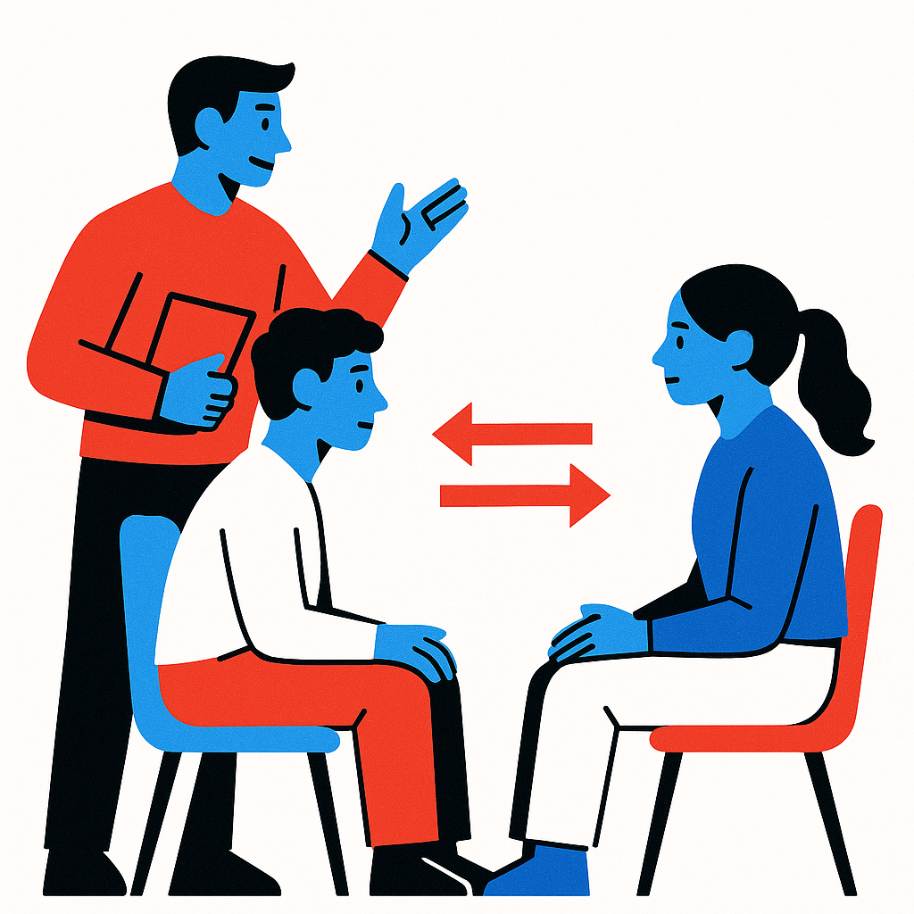 Stylized illustration of a coach figure guiding two teenage figures through a paired listening exercise in a circle, flat geometric illustration in brand colors
