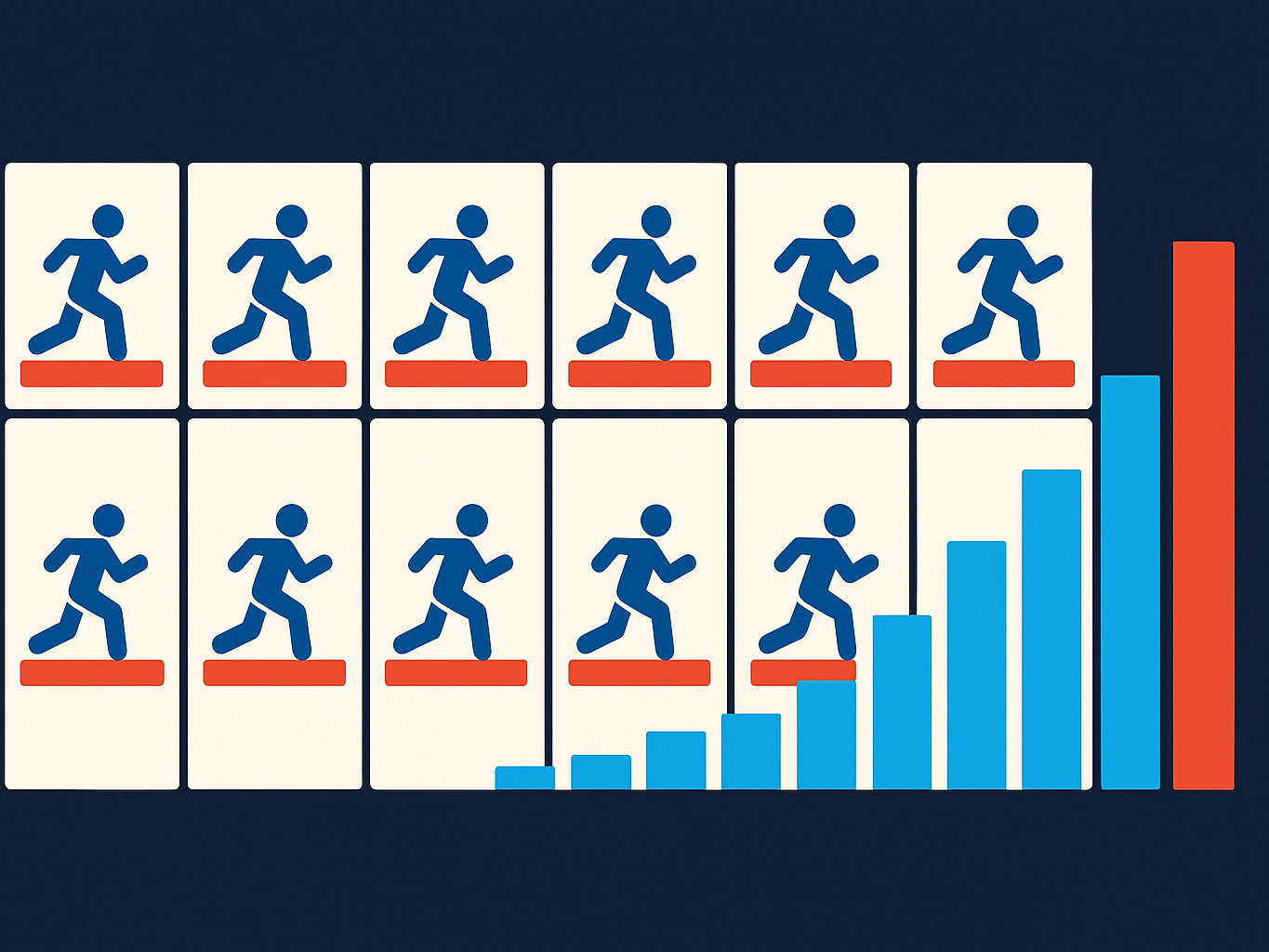 A weekly calendar with practice icons and a rising row of colored bars