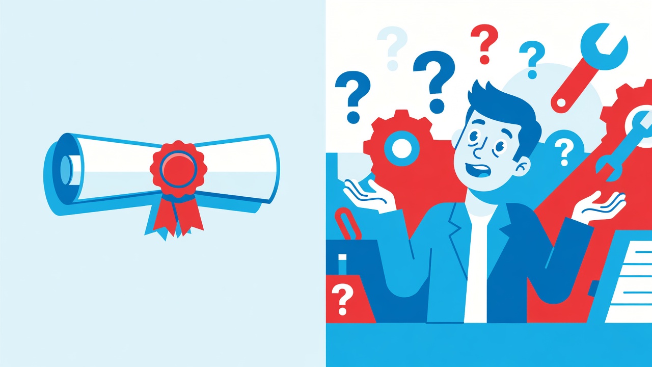 Split scene showing diploma on wall versus confused young worker at a job