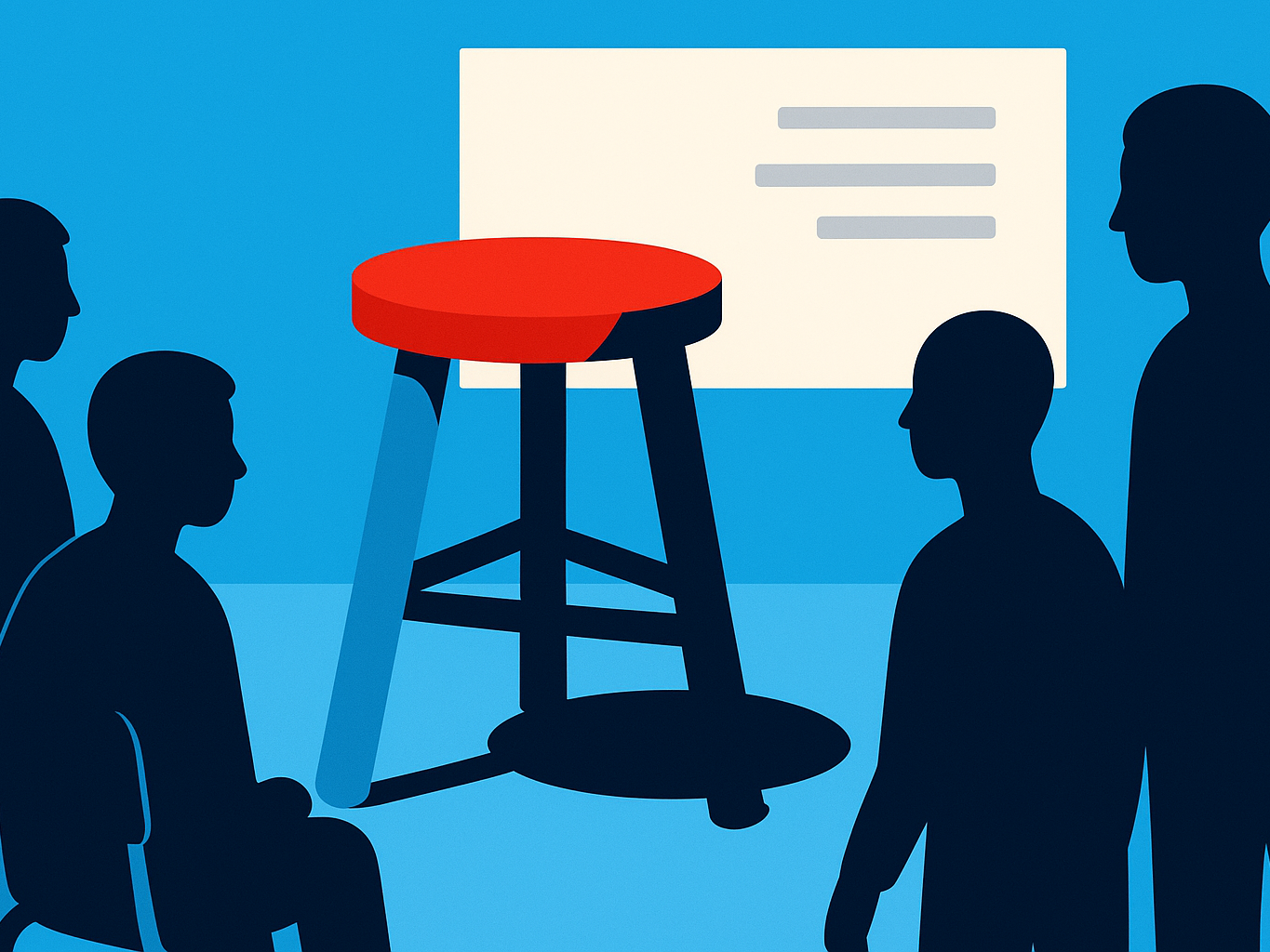 A three-legged stool in a classroom with students gathered around it