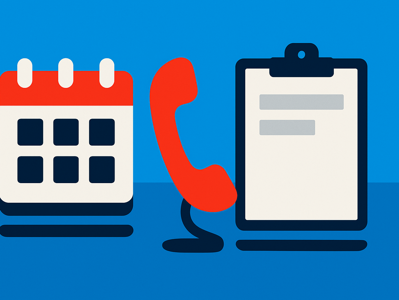 A calendar, a phone handset and a clipboard on a blue desk