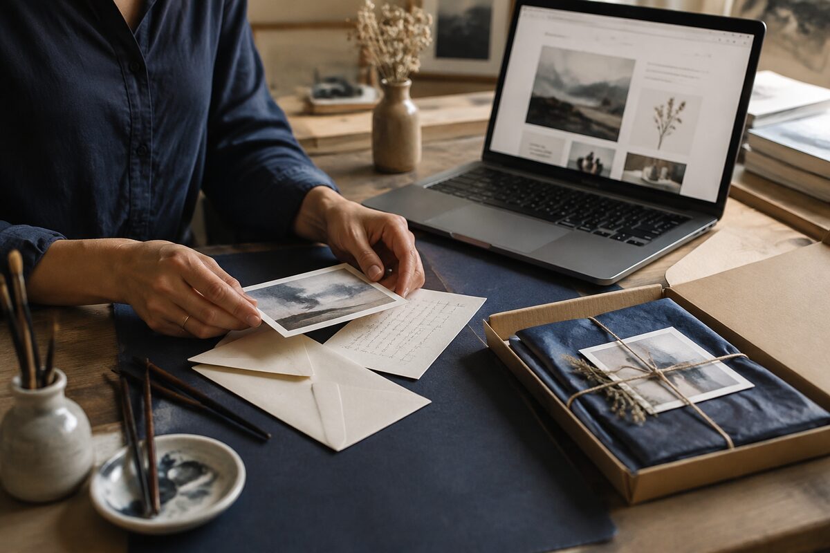 Artiste préparant une carte postale artistique, une lettre manuscrite et un envoi du Club Mail