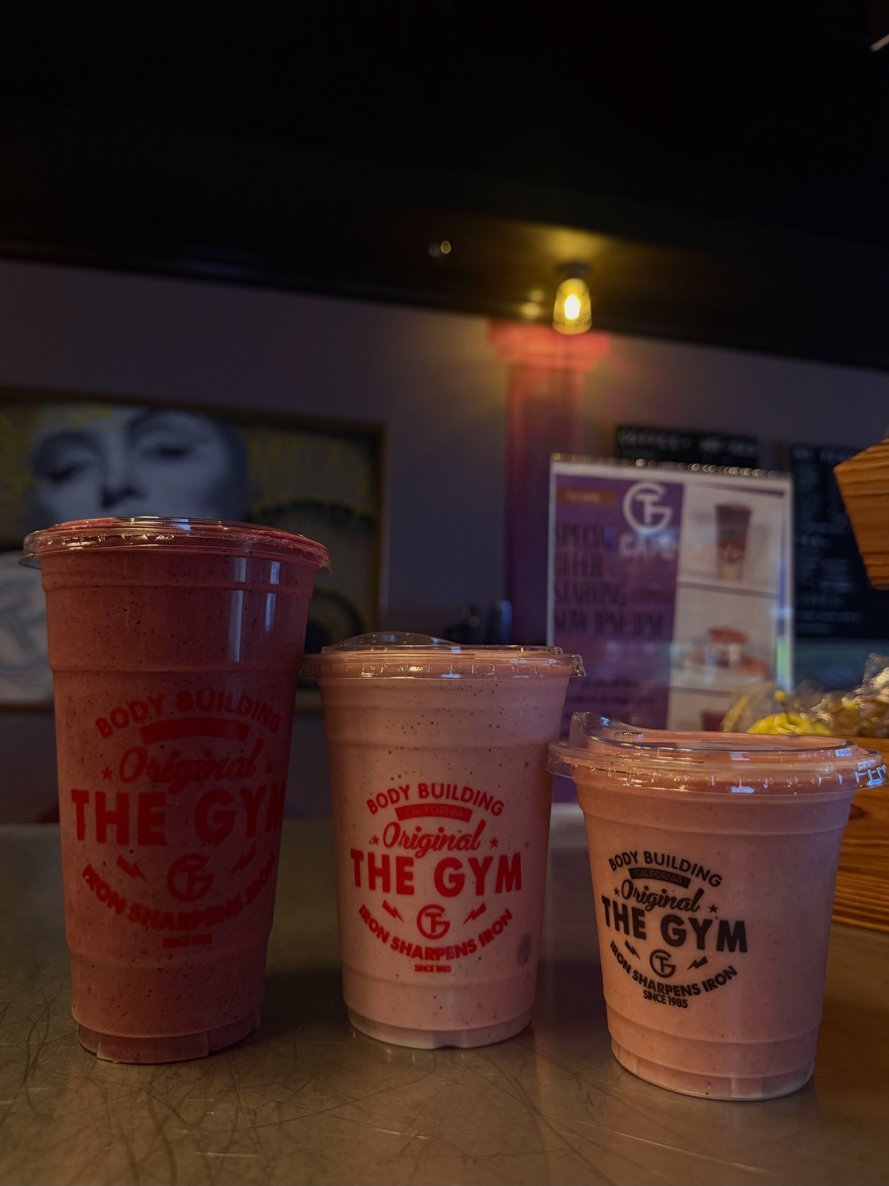 Selection of smoothies and protein shakes at TG Cafe