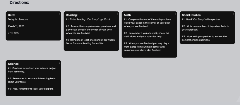 Padlet with five posts. Date. Reading. Math. Social Studies. Science