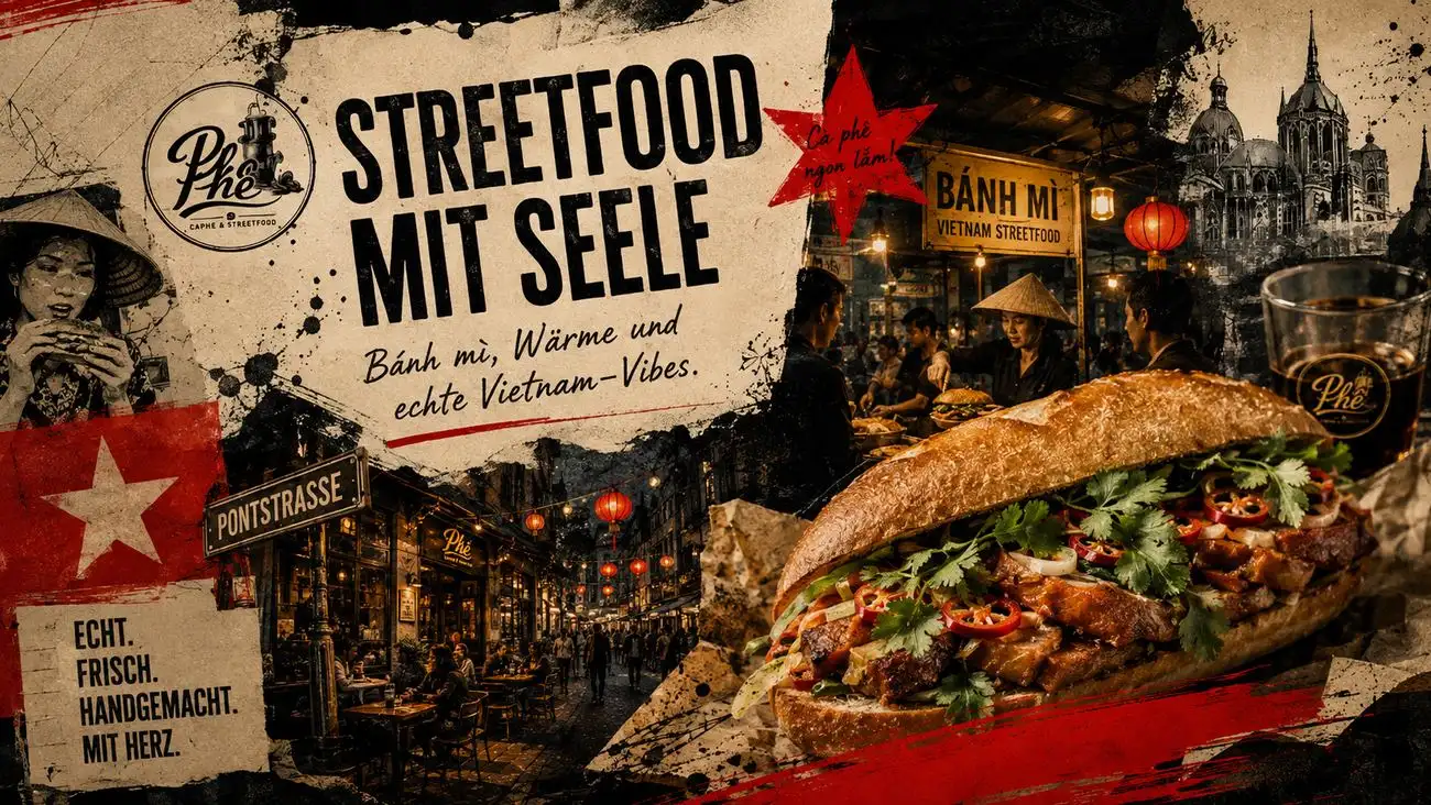 PHÊ Collage mit Bánh Mì, vietnamesischer Streetfood-Atmosphäre und Aachen.