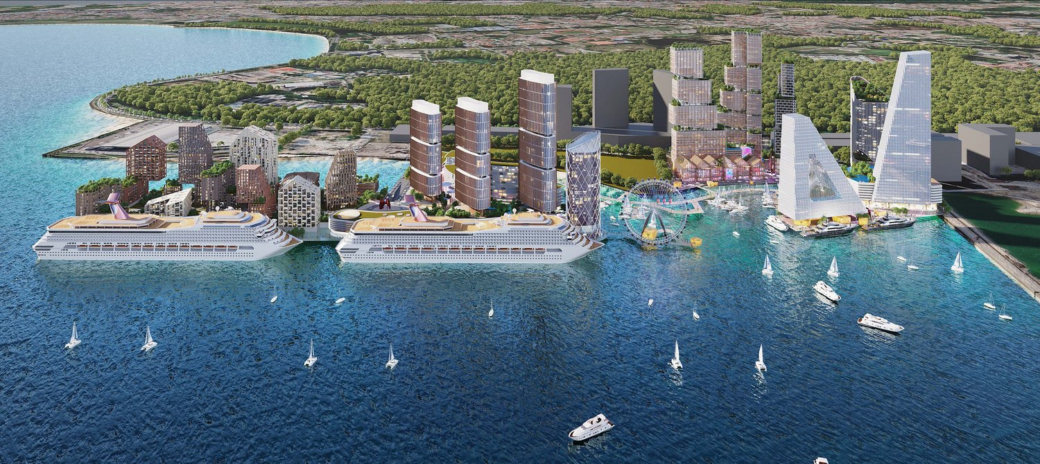 Panoramic seafront masterplan of Jesselton Docklands showing cruise terminals and integrated towers.