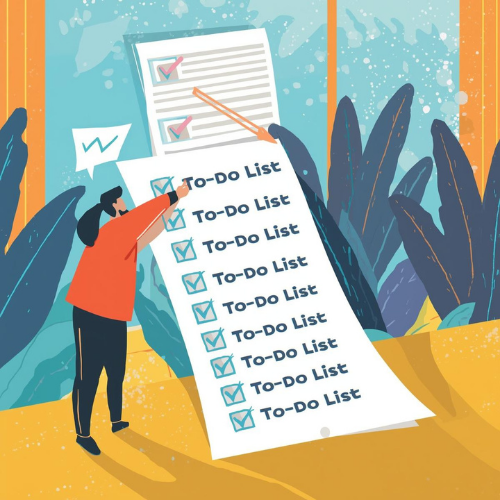 A whimsical, stylized illustration of a person in an orange shirt and black pants standing next to an oversized, never-ending to-do list. The list repeats the phrase "To-Do List" many times, with blue checkmarks in the boxes, trailing off the page. Above, a document with a red pencil suggests a second list in progress. The scene is set against a vibrant background of large, dark blue tropical leaves and a textured yellow floor, illustrating the "Out-Hustle Trap" and the overwhelming nature of a infinite to-do list.