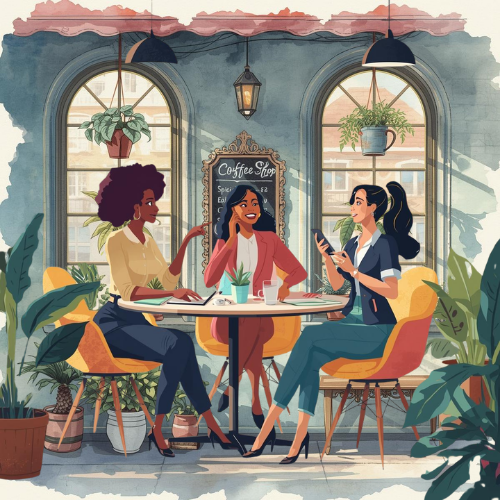 beautiful watercolor-style illustration of three diverse women entrepreneurs sitting at a round table in a sunlit, plant-filled coffee shop. The woman on the left has a voluminous afro and wears a yellow top; the woman in the center wears a professional pink blazer; and the woman on the right has her hair in a ponytail and wears a navy blazer. They are engaged in an animated conversation with laptops and coffee on the table, surrounded by large arched windows and lush greenery. The image perfectly captures the spirit of the "Momentum Makers" community and the power of collaborative growth.