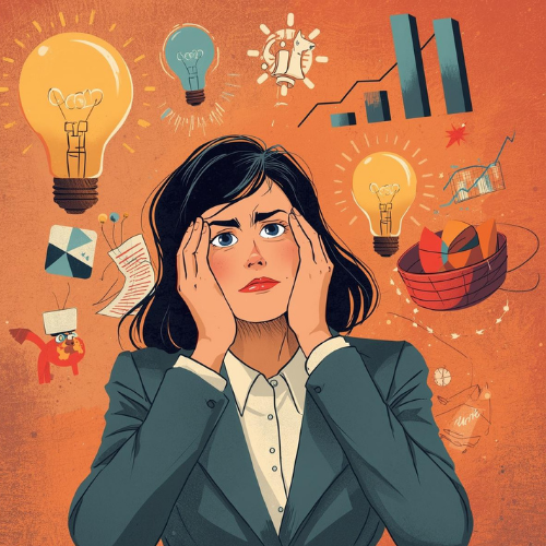 A colorful, textured illustration of a woman in a professional grey blazer and white shirt, holding her head in her hands with an expression of intense stress and overwhelm. Against a vibrant orange background, several symbolic icons float around her head: three glowing light bulbs representing unfinished ideas, a bar chart with an upward-trending line, a pie chart in a basket, and scattered notes. The image visually represents "Information Overload" and the mental fatigue faced by entrepreneurs juggling too many tasks at once