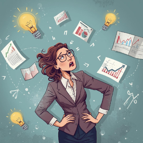 A colorful, hand-drawn style illustration of a woman entrepreneur with brown hair and glasses, looking upward with an expression of overwhelming confusion. She is wearing a professional brown blazer over a white shirt, with her hands on her hips. Floating around her head against a teal background are several glowing light bulbs and various business documents, including line graphs, bar charts, and pie charts, symbolizing a chaotic influx of ideas and data.