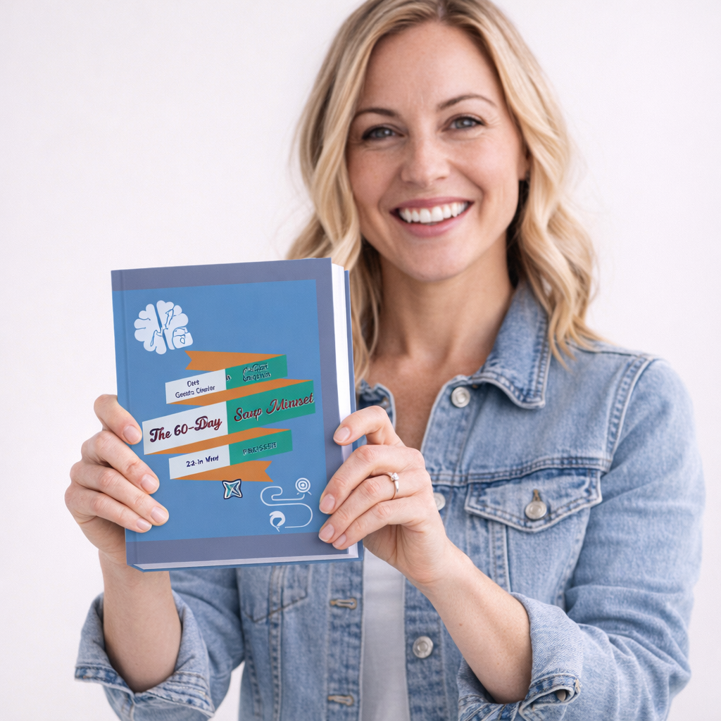 A smiling blonde woman in a denim jacket holds up a blue hardcover book toward the camera. The book cover is titled "The 60-Day Snap Mindset" and features a white brain icon and colorful banner graphics. The woman has a bright expression and is wearing a ring on her finger, set against a clean, white background.
