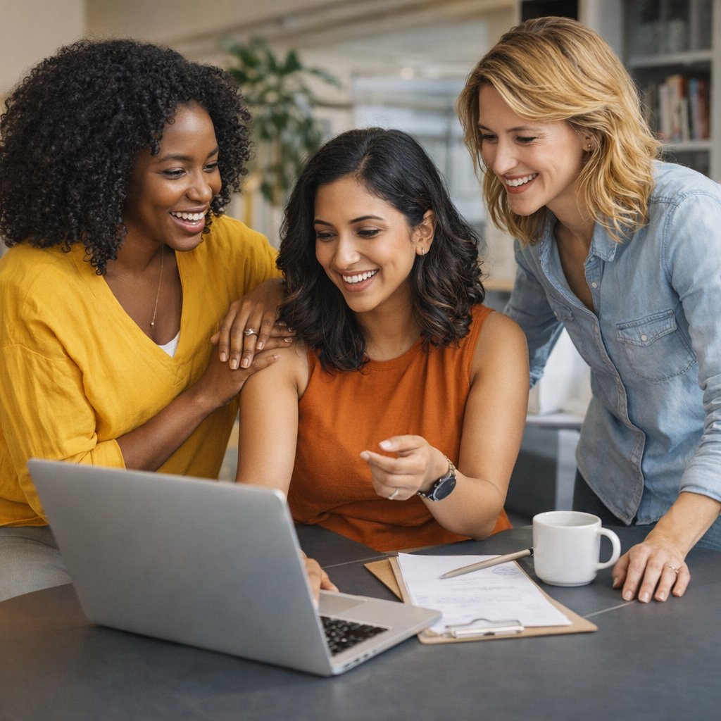 Three diverse women entrepreneurs—one with curly black hair in a yellow top, one with dark wavy hair in an orange tank top, and one with blonde hair in a denim shirt—are gathered around a laptop in a bright office. They are all smiling and looking at the screen, with the woman in the center pointing toward the laptop. On the desk in front of them is a clipboard with a pen and a white coffee mug, symbolizing a productive and supportive group working session.