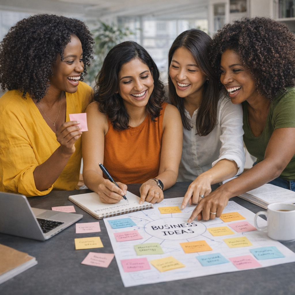 Four diverse women entrepreneurs are gathered around a table in a bright, modern office, engaged in an energetic brainstorming session. In the center of the table is a large paper labeled "BUSINESS IDEAS" surrounded by colorful sticky notes. One woman is writing in a notebook, while another points at the idea map, and all four are smiling and laughing. The desk also holds a laptop and a white coffee mug, symbolizing a creative and collaborative environment.