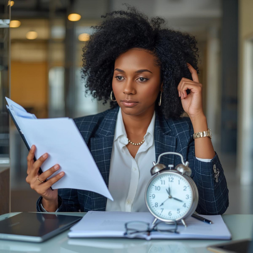 A professional woman with voluminous natural hair sits at a desk, looking intently at a stack of papers held in her hand. She is wearing a dark checkered blazer over a white blouse, a gold watch, and delicate jewelry. On the desk in front of her is a large silver alarm clock, a notebook with glasses resting on it, and a tablet. The setting is a brightly lit, modern office with soft-focus background elements.