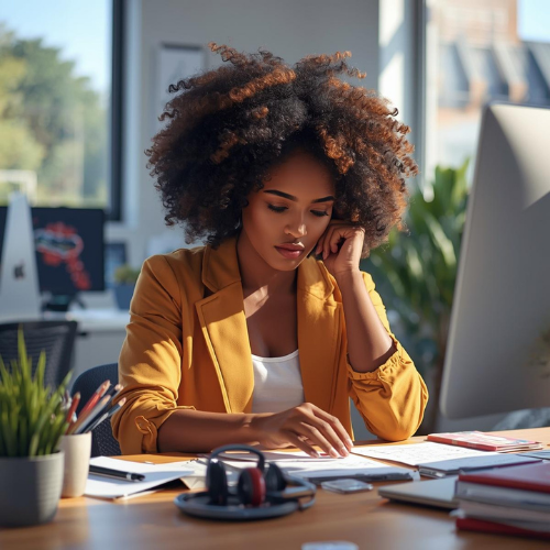 A woman with voluminous natural hair with golden-brown highlights sits at a wooden desk in a bright, modern office. She is wearing a mustard yellow blazer over a white top and appears focused, with one hand resting near her face as she looks down at papers on her desk. The desk is organized with headphones, pens, a plant, and a computer monitor, while the background shows a blurred office space with large windows.