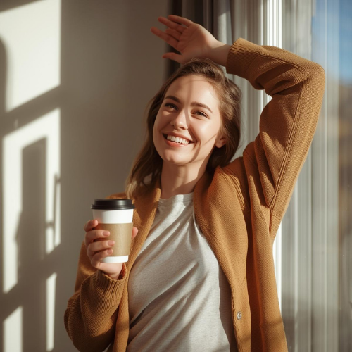 A young woman with light brown hair stands by a window, bathed in warm, natural sunlight. She is smiling brightly, holding a white coffee cup with a brown sleeve in one hand, while her other hand is raised casually behind her head. She is wearing a grey t-shirt layered under an open mustard-colored cardigan. The scene evokes a sense of peace, energy, and a fresh start to the day.