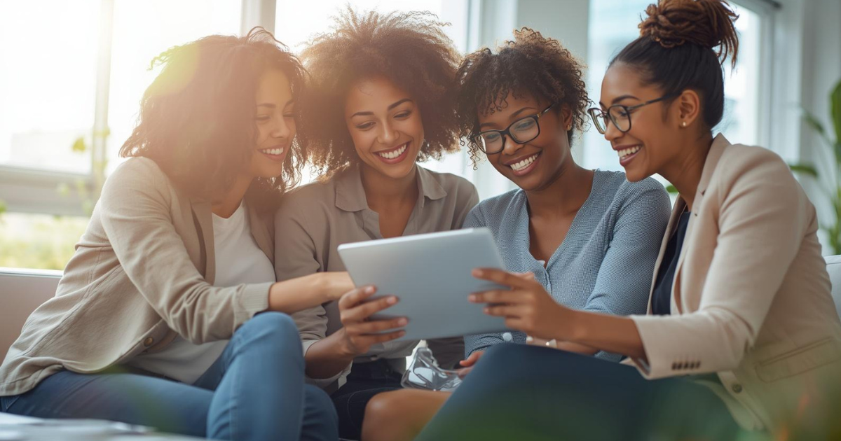 A diverse group of four smiling Black women professionals collaborating and looking at a digital tablet together in a sunlit office. A diverse group of four smiling Black women professionals collaborating and looking at a digital tablet together in a sunlit office.