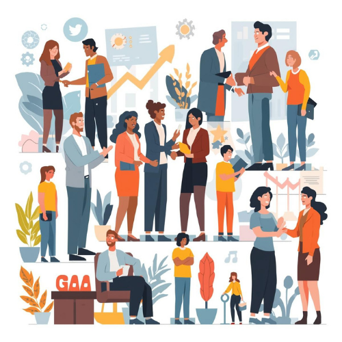 Flat vector illustration of a diverse professional community networking and collaborating amidst business growth charts and icons Flat vector illustration of a diverse professional community networking and collaborating amidst business growth charts and icons