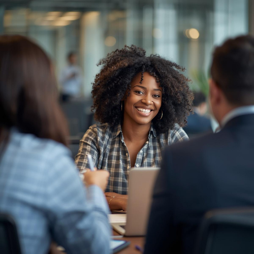 A smiling young Black woman in a plaid shirt engaged in a collaborative small group meeting with coworkers in a modern office A smiling young Black woman in a plaid shirt engaged in a collaborative small group meeting with coworkers in a modern office