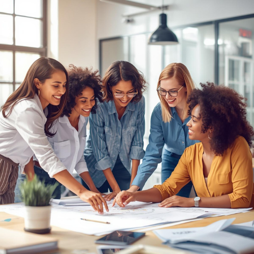 A diverse group of five professional women leaning over a table, smiling and collaborating on a large business strategy document in a bright office A diverse group of five professional women leaning over a table, smiling and collaborating on a large business strategy document in a bright office