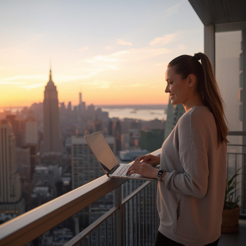 A smiling female entrepreneur working on a laptop on a balcony overlooking the New York City skyline at sunset, representing work-life balance and business success. A smiling female entrepreneur working on a laptop on a balcony overlooking the New York City skyline at sunset, representing work-life balance and business success.